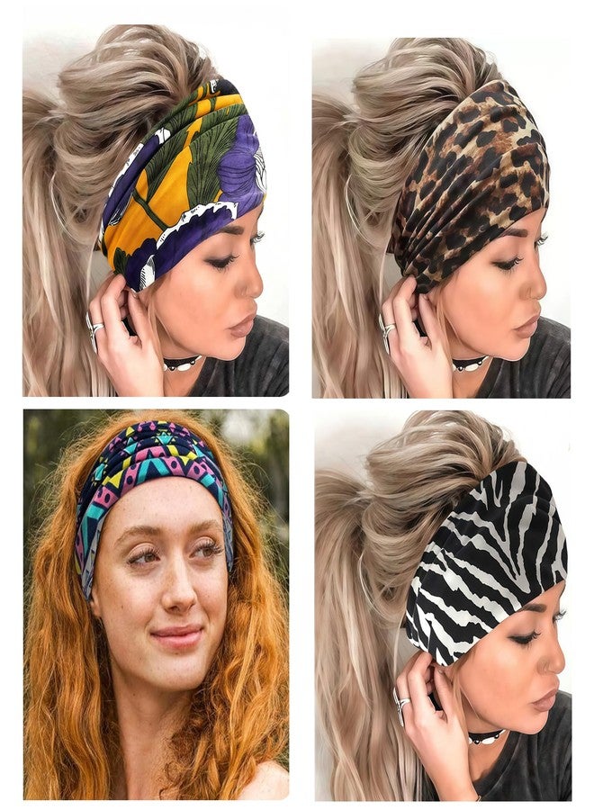 Keeshibao Wide Headbands for Women Non Slip Soft Fabric Hair Wrap, 4-Pcs Cloth Headbands, Boho Stretchy Fashion Headbands Fabric Twist Head Wraps for Women Girls Workout Yoga Hair Bands- Leopard - Image 5